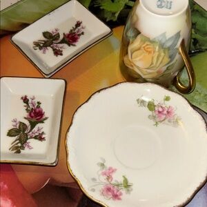 Vintage Floral Tea Set with Gold Trip